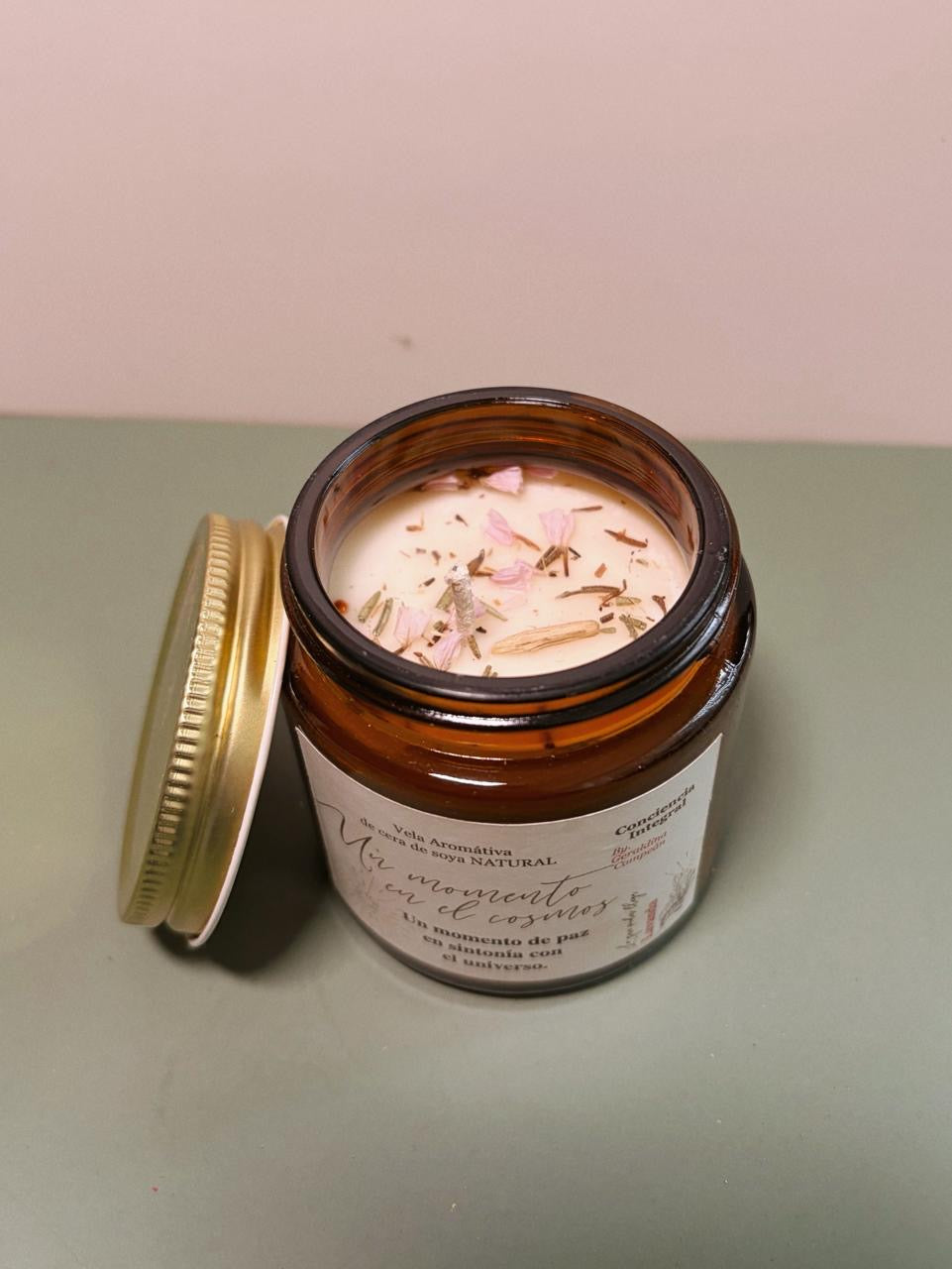 Vela mini de soya con vidrio ámbar 100 grs.